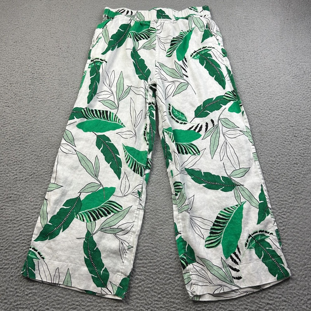 Tahari Pants Womens Green White Tropical Banana Leaf Print Linen Wide Leg Medium